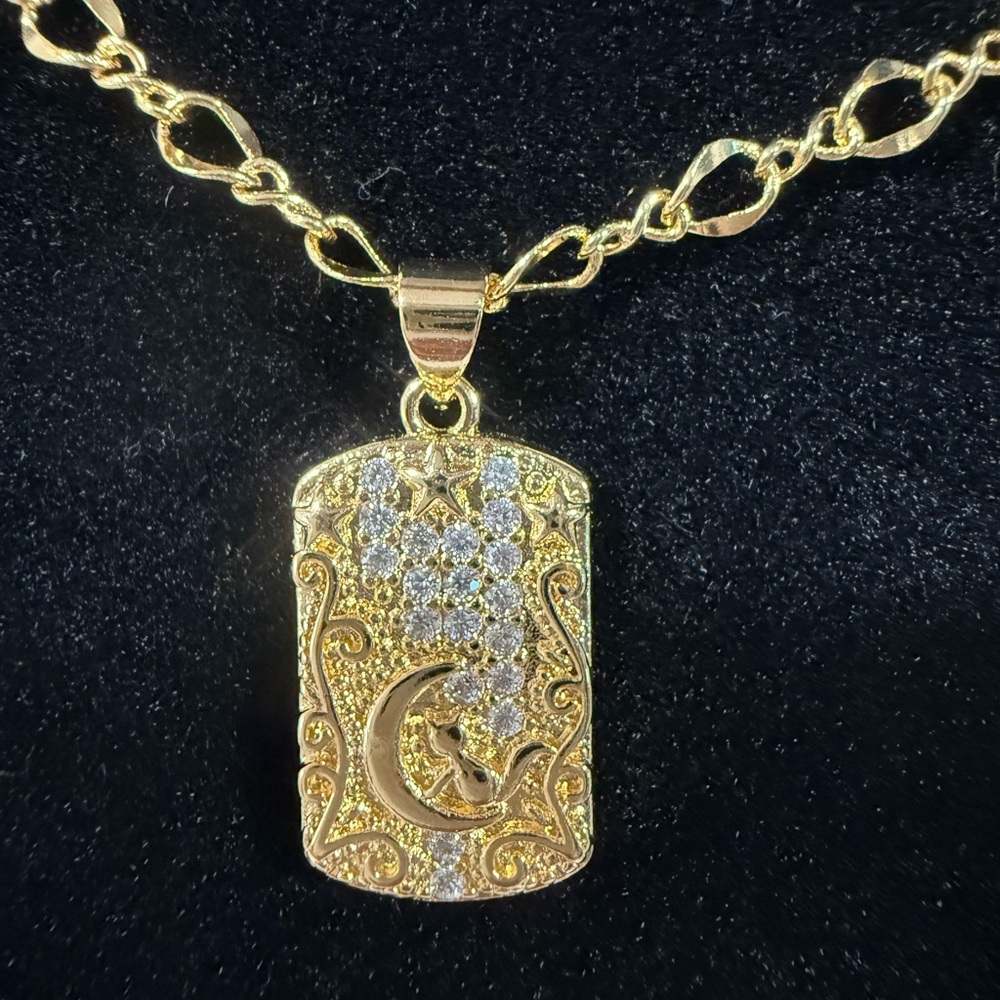 Elegant Gold Pendant Necklace- Cat in Moon